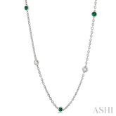 2.85 MM Emerald and 1/2 Ctw Round Cut Diamond Precious Station Necklace in 14K White Gold